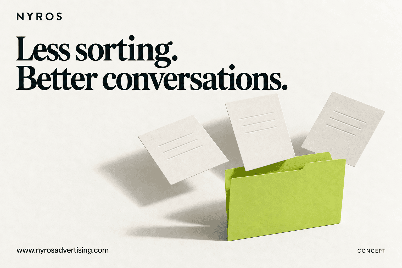 Less sorting. Better conversations. Paper message cards come together in one lime folder, a concept for keeping enquiry context together.